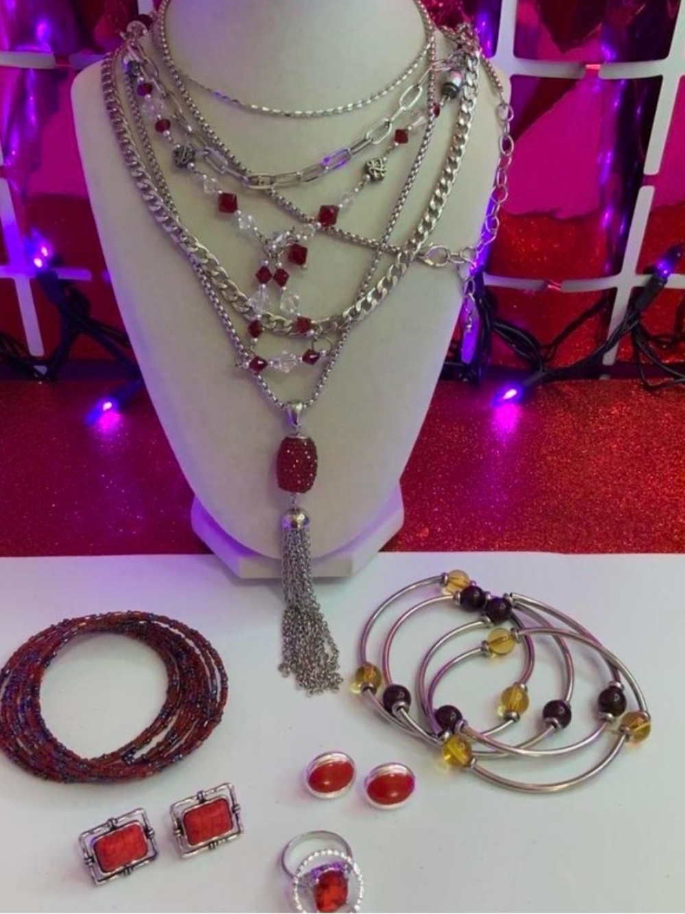 Beautiful Red and Silver Tone Jewelry Bundle (Y-29)